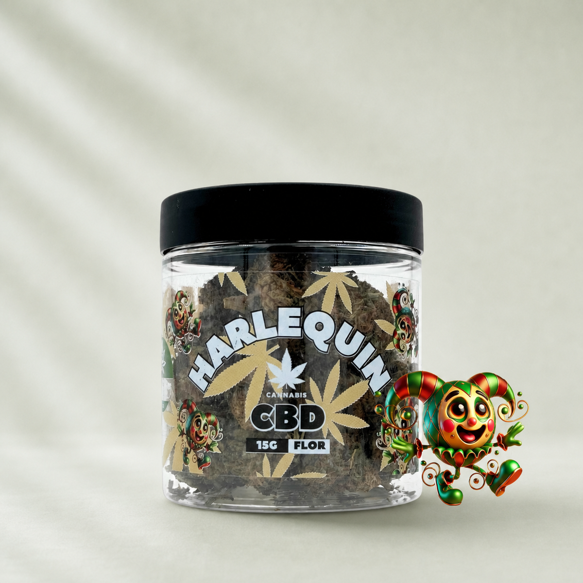 Flor de CBD Harlequin 15g sur fond Beldia vert sauge
