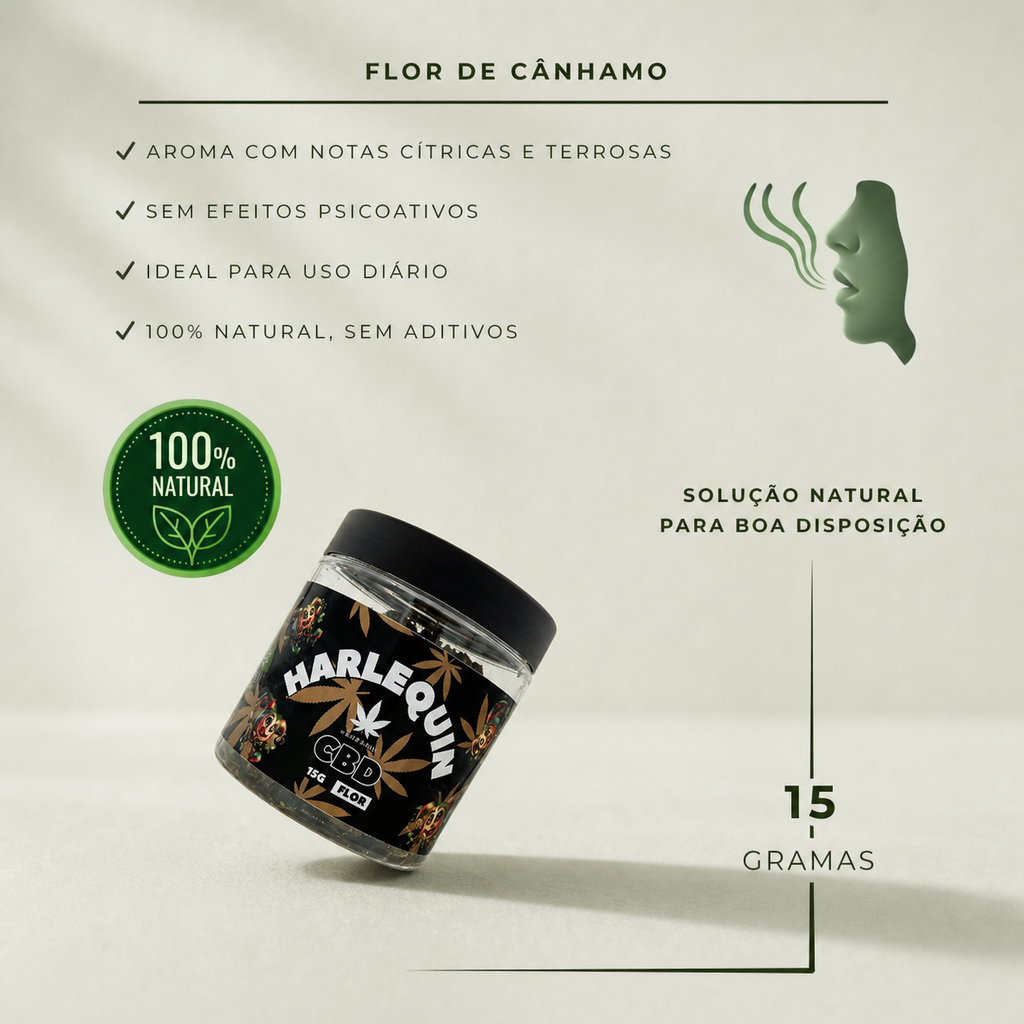 Informations Flor de CBD Harlequin 15g sur fond Beldia