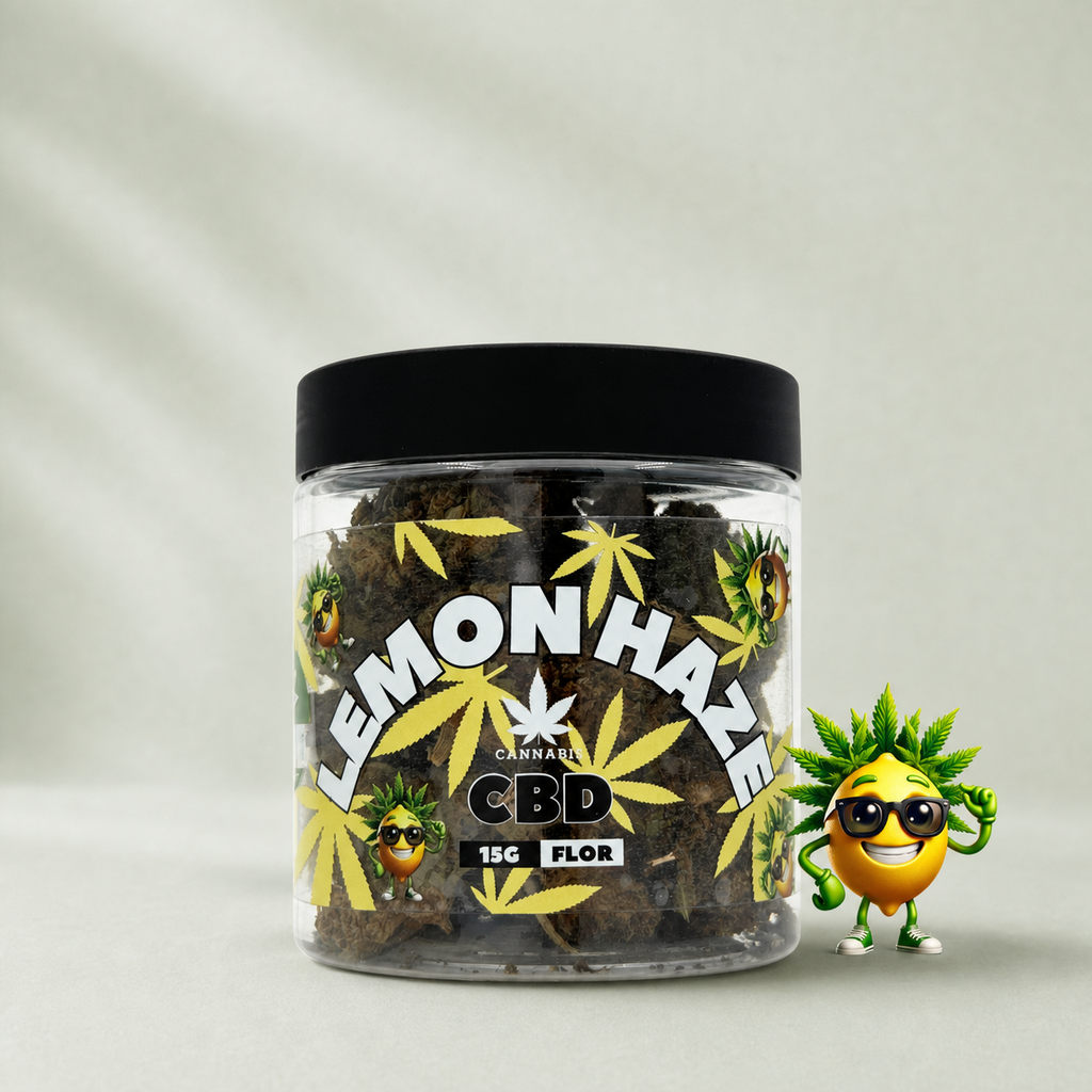 Flor de CBD Lemon Haze 15g sur fond Beldia vert sauge