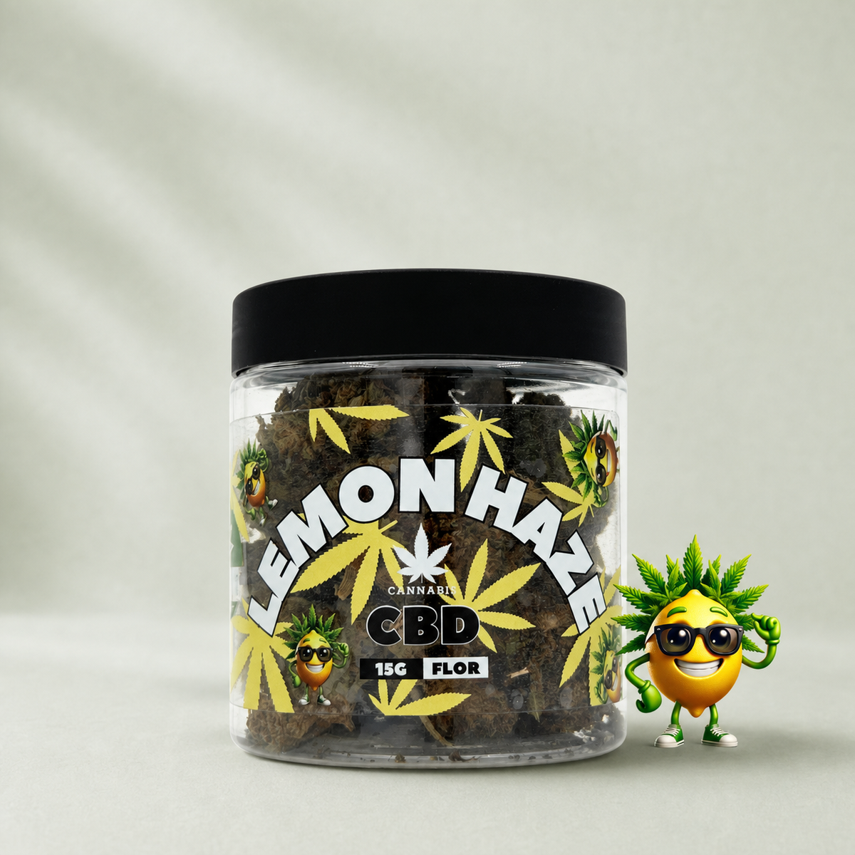 Flor de CBD Lemon Haze 15g sur fond Beldia vert sauge