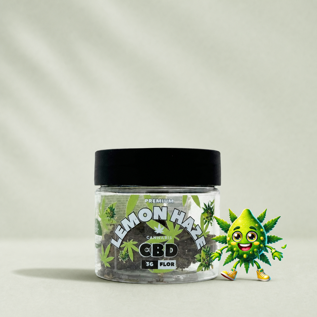 Flor de CBD Lemon Haze Premium 3g sur fond Beldia vert sauge