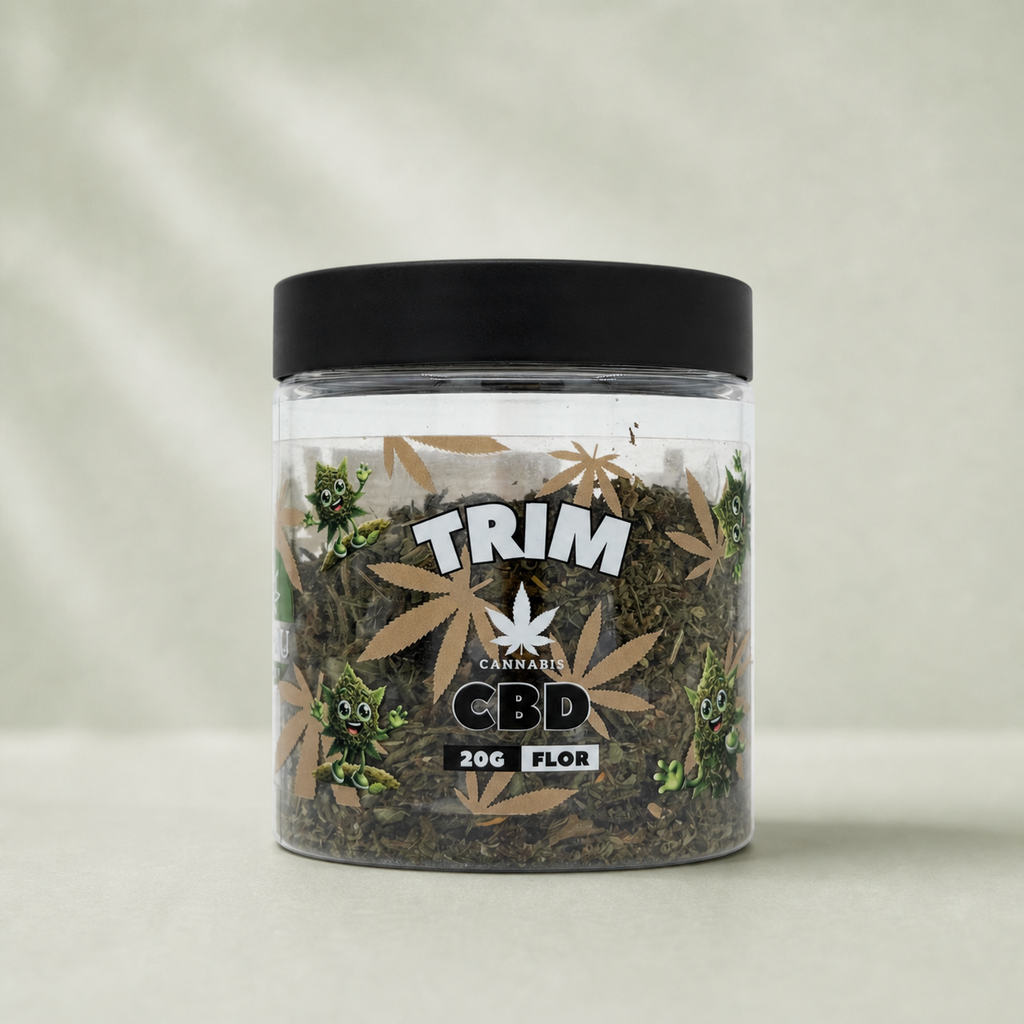 Trim CBD 20 g — pot sur fond Beldia vert sauge clair