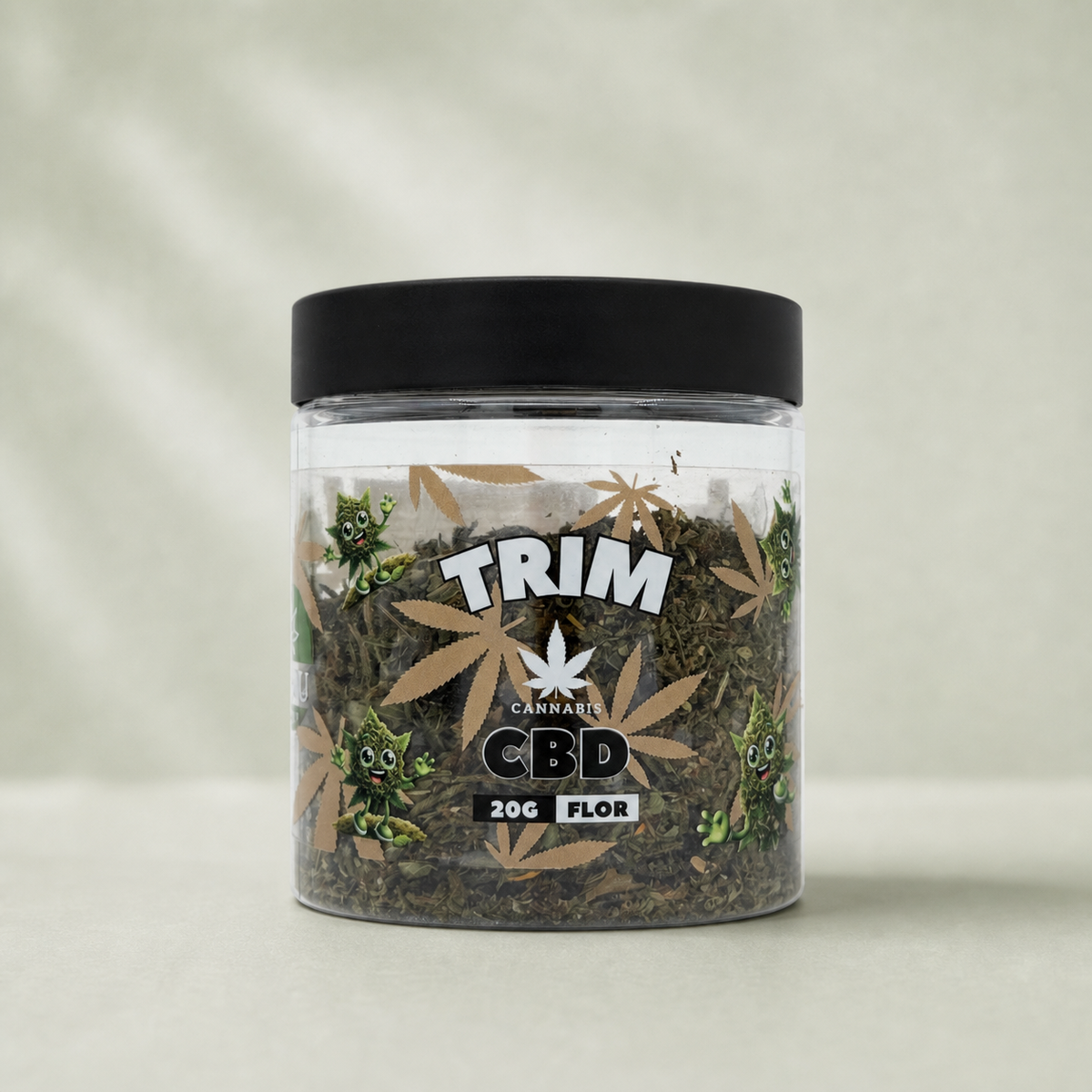 Trim CBD 20 g — pot sur fond Beldia vert sauge clair