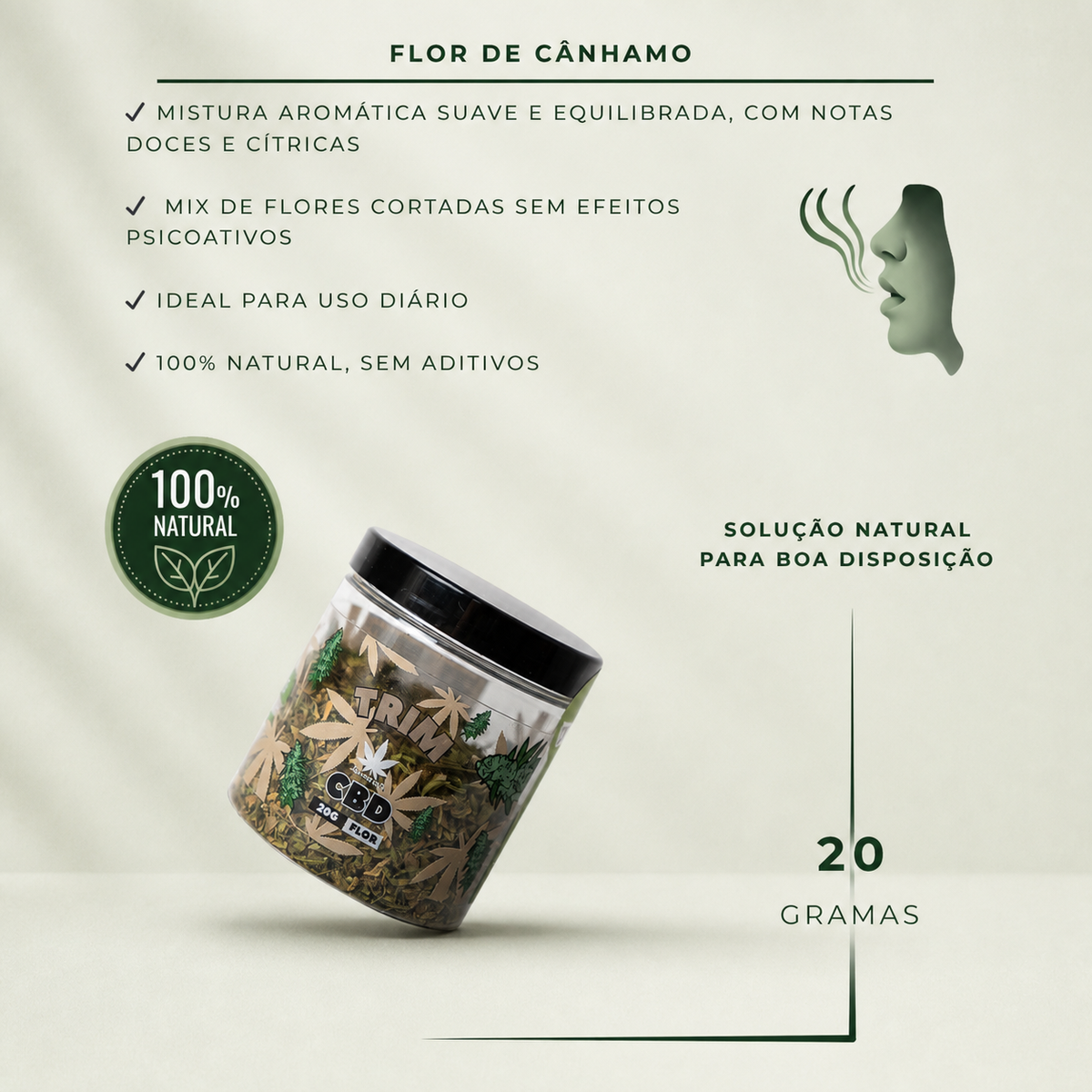 Trim CBD 20 g — présentation sur fond Beldia vert sauge clair